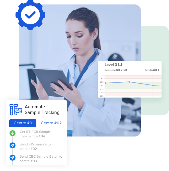 lab technician using a digital tablet with automated sample tracking and a lab monitoring software dashboard, showcasing improved business outcomes and efficient laboratory workflow management
